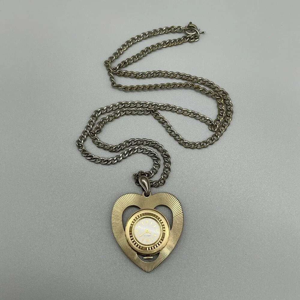 Vintage Caravelle Pendant Necklace Watch Womens 37mm Heart Gold Tone Manual Wind